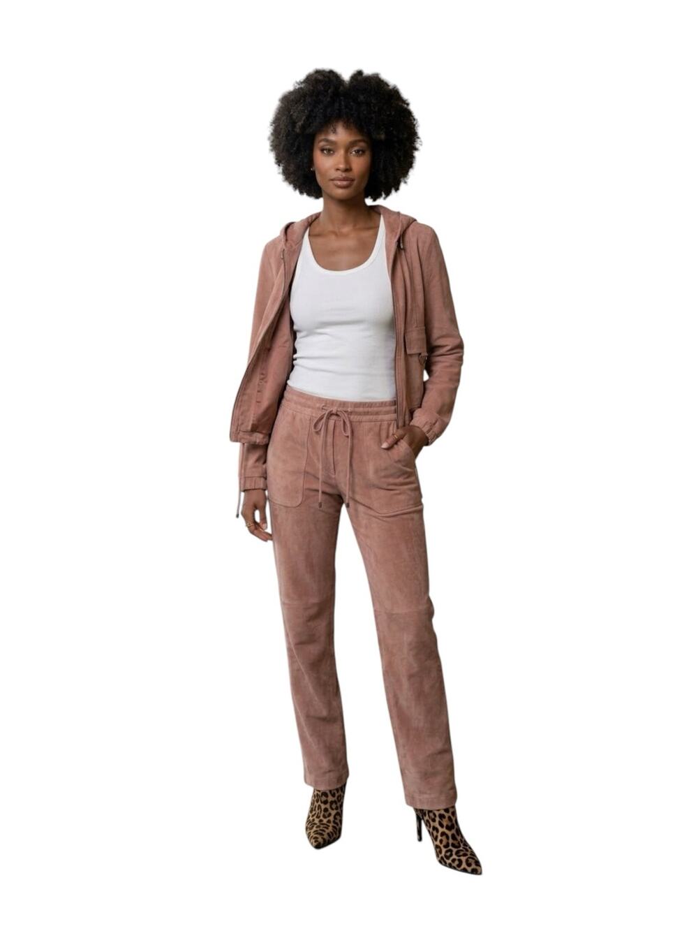 Vintage Wilson's Leather pink suede leather hooded bomber jacket pants suit